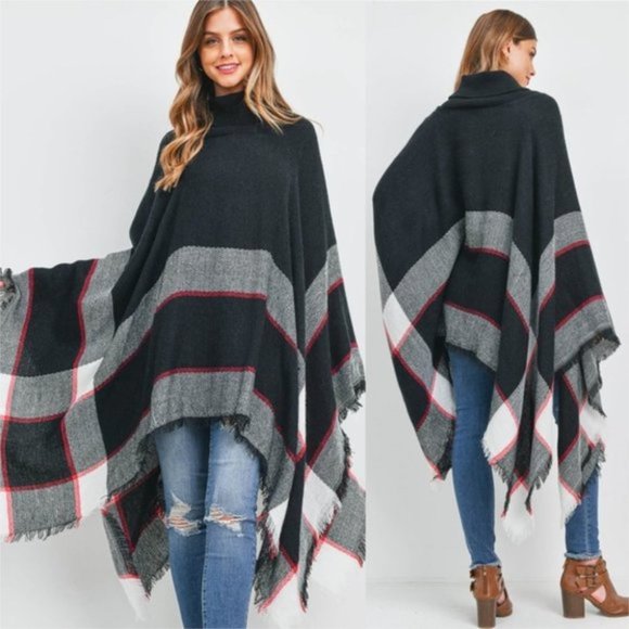 CHIC Plaid Print Knit Turtleneck Poncho Top - Picture 2 of 7